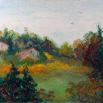 Rural Cottages, 1995, acrylic, 24"h x 36"w,
signed and framed, in a public facility.