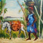 Haitian Woman with Donkey and Sugarcane, circa 1950, oil on panel, 16" x 20", signed
