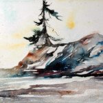 Island and Tree, watercolour on paper, signed