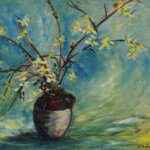 Forsythia,
circa 1960, oil on masonite, 24" x 18", signed