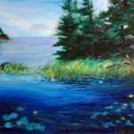 Quiet Cove with Waterlilies, 1999, acrylic on canvas, 16" x 20.25", signed