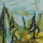 Tissue Pines, 1974, tissue paper and inks on board, 12" x 9", signed