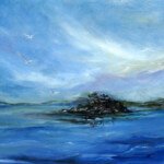Island and Three Birds, 1977, oil on canvas board, 12" x 16", signed