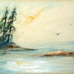 Scarab Island Sketch, circa 1980, pen, ink, watercolour on paper, signed (faint)