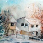 Spring Comes to Bolton, 1990, watercolour, 9.5" h x 19.75" w, signed and framed.